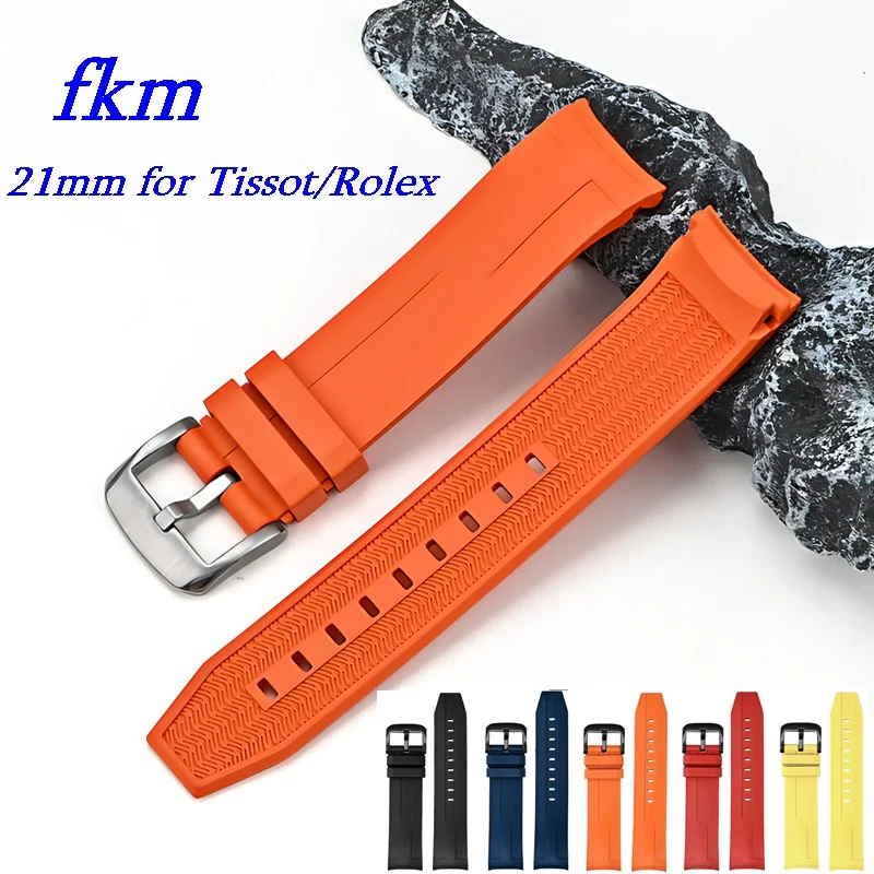 21 mm para Rolex Tissot Seastar T12. Correa de Reloj de Caucho Fluorado Curvado FKM Seastar 407, Resistente al Agua, para Buceo, Repuesto para Hombre
