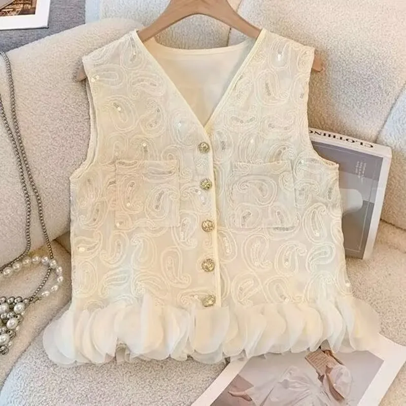 Embroidered Jacquard Sleeveless Short Waistcoat 2025 Spring Summer Women Petal Patchwork Vest Female Sweet Sleeveless Cardigan