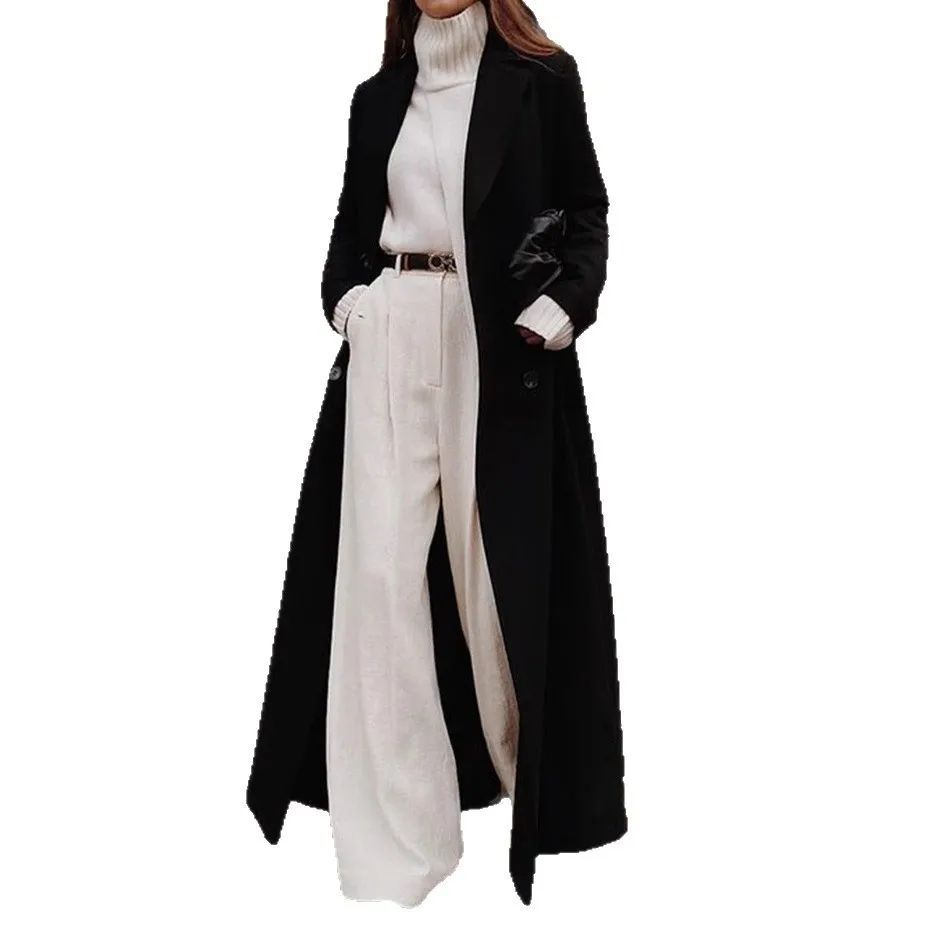 معطف صوف دافئ كاجوال متعدد الألوان لخريف وشتاء 2025 طويل بلون سادة