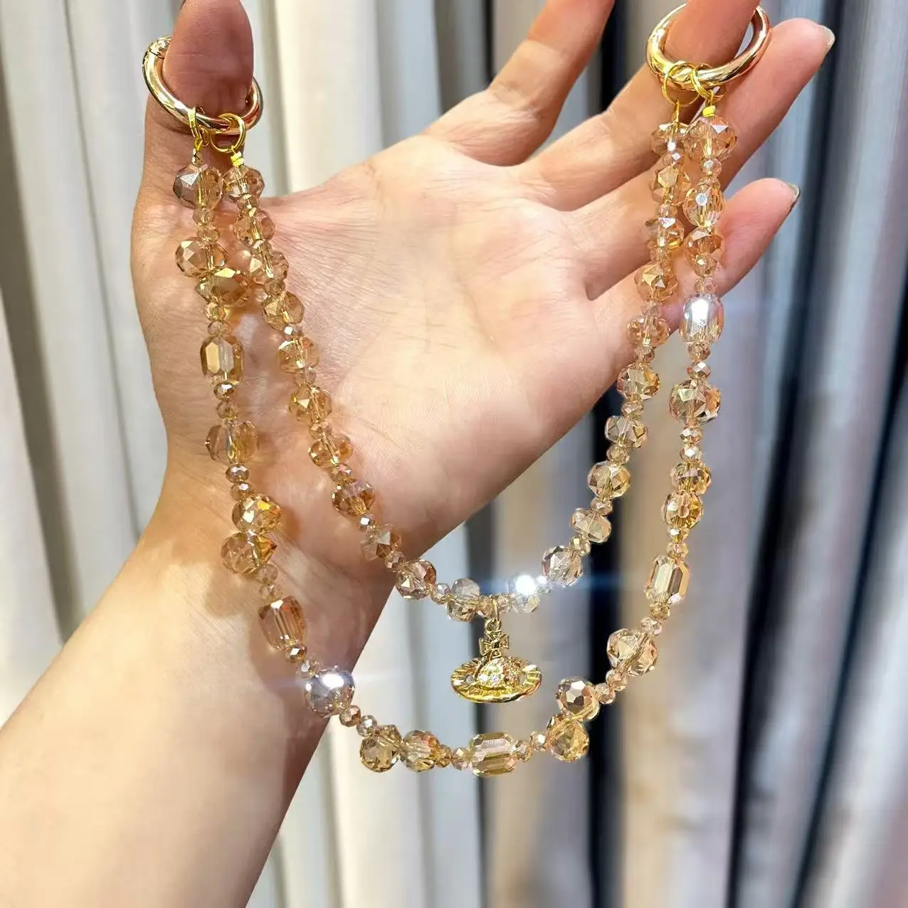 

Экстравагантная сумка-цепочка Saturn с двойной цепочкой и кристаллами, подвесная подвеска двойного назначения, креативный кулон для мобильного телефона, анти-потерянный брелок