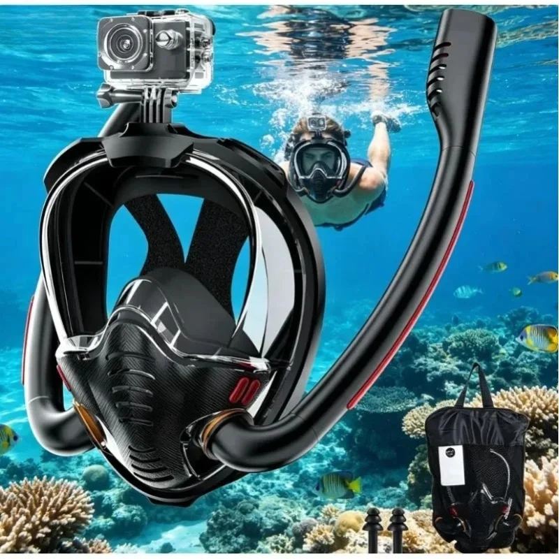 Doppelrohr-Vollgesichts-Schnorchelmaske mit 180° Atemmodus °   Panorama-Antibeschlag-Tauchmaske mit Dry-Top-System für Erwachsene und Jugendliche zum Schwimmen