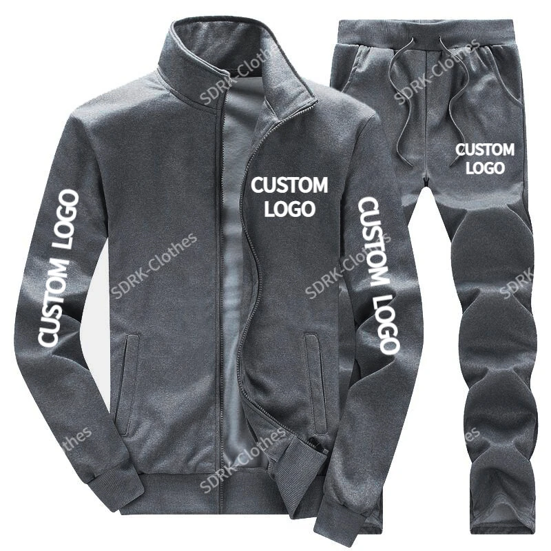 Custom LOGO Men Tracksuit Brand Printed Zipper Lapel Cardigan and Sweatpants 2 Pieces Set Fashion Casual Streetwear Jogger Suit