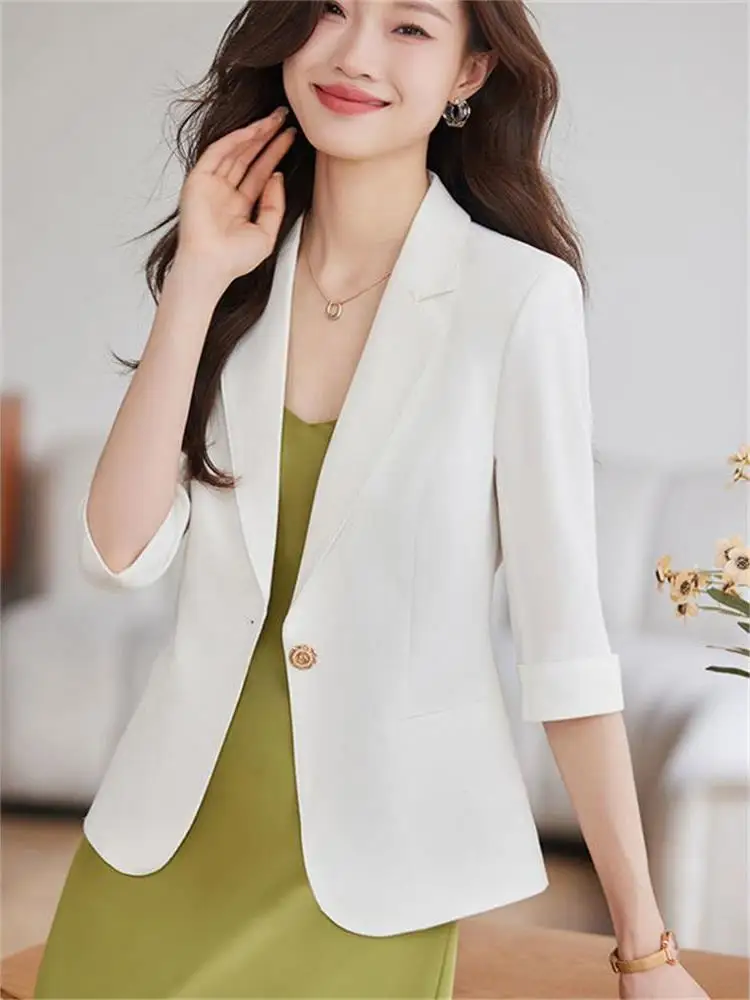 

Elegant White Half Sleeve Suit Jacket Women's Thin Style Slimming Small Size Ladies' Suit Spring Summer New Arrival