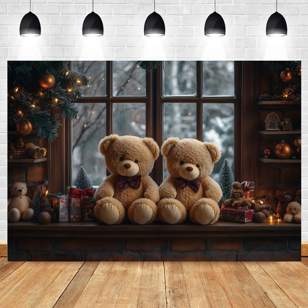 Фон для фотосъемки с Рождеством в стиле ретро, дворец, деревянная полка, плюшевый мишка, подарки, фон для рождественской елки, детский семейный портрет, проповеди