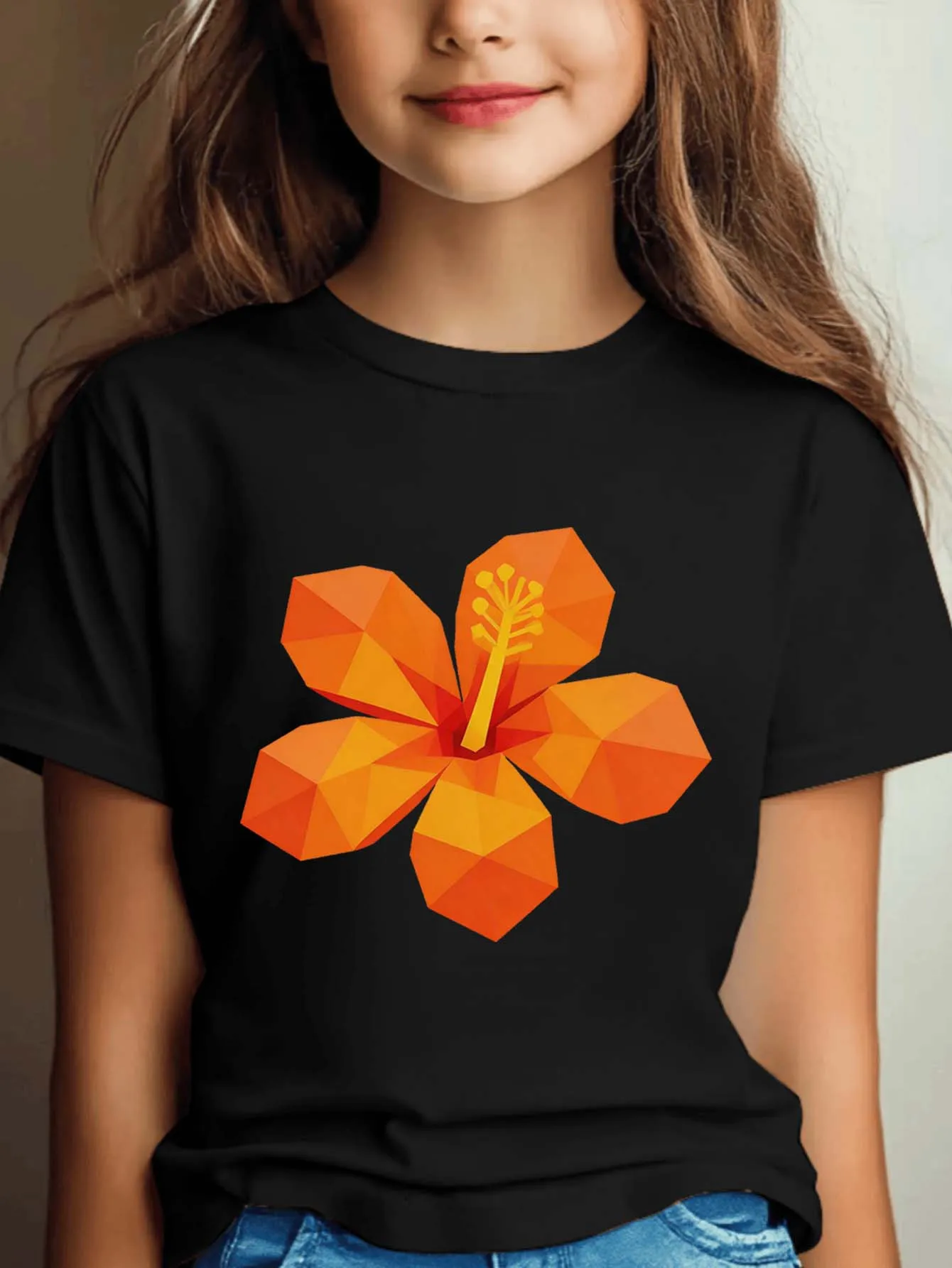 Cute Geometric Hibiscus Flower Print Graphic Kids Tee Boys Girls Family Matching Cotton Crew Neck Short Sleeve Soft Summer Tee