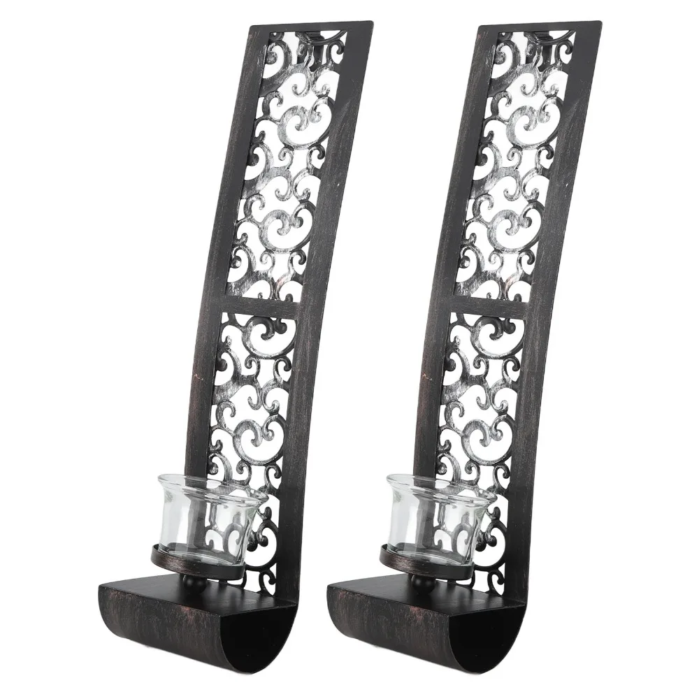 2pcs Elegant Iron Wall Candle Holder Balck Hanging Design Wall Candlestick 14.2x2.8x3.5in Iron Wall Art Decorations for Bathroom