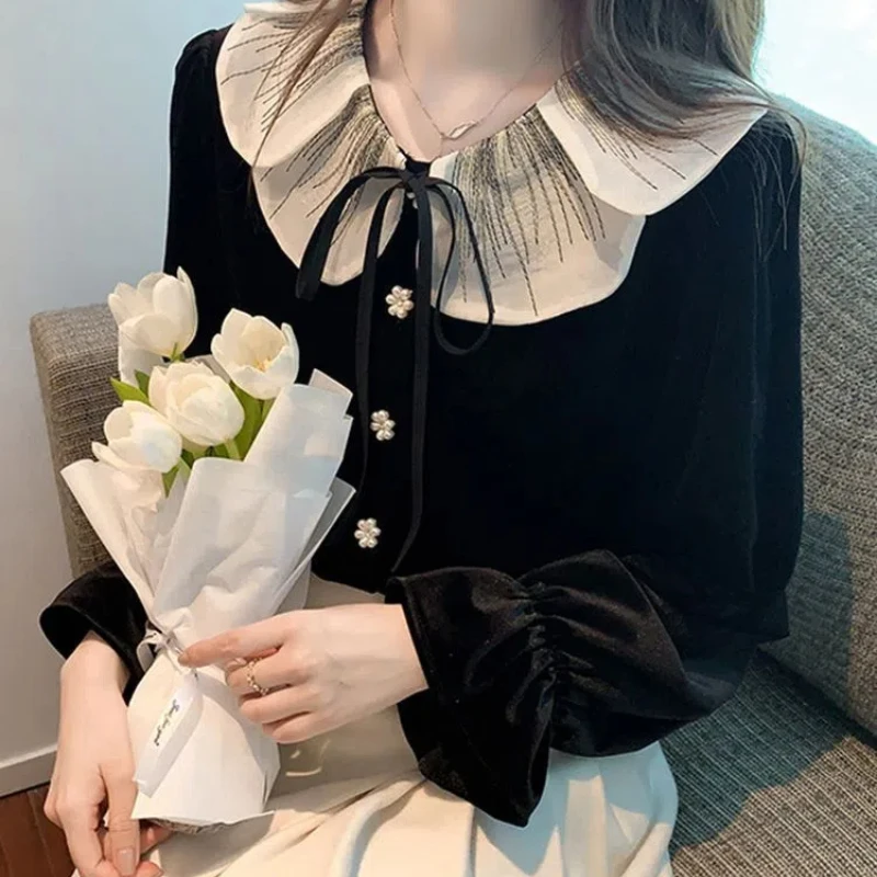 High End French Doll Collar Lace Up Velvet Long Sleeved Shirt for Socialites High-end Western-style Small Shirt Top