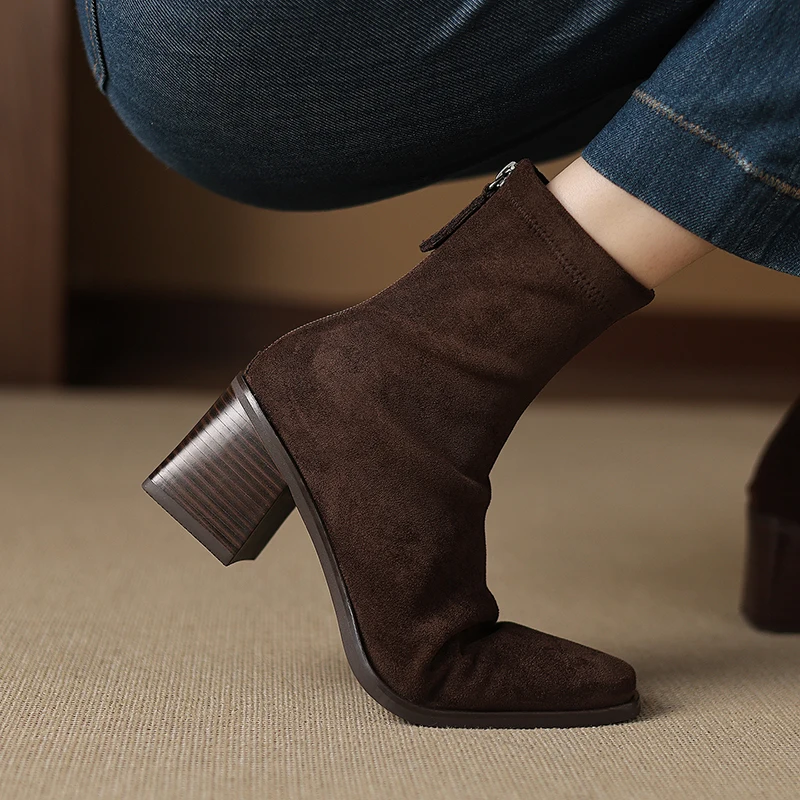 2027 Winter Women Boots Square Toe Heel Stretch Socks Boots Fashion Solid Womens Shoes Short Boots High Heel Modern Ladies Shoes