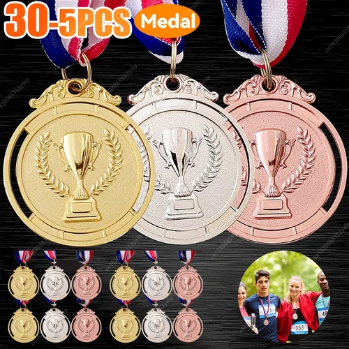 1-30 Medalla de premio de bronce dorado y plateado de recompensa ganadora con cinta para el cuello Medalla de primer y segundo y 3.o premio para competición deportiva para niños