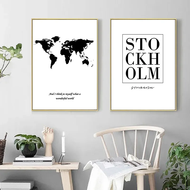 Nordic Minimalist Wall Art Black And White Text World Map HD Oil On Canvas Posters And Prints Home Bedroom Decor Gifts