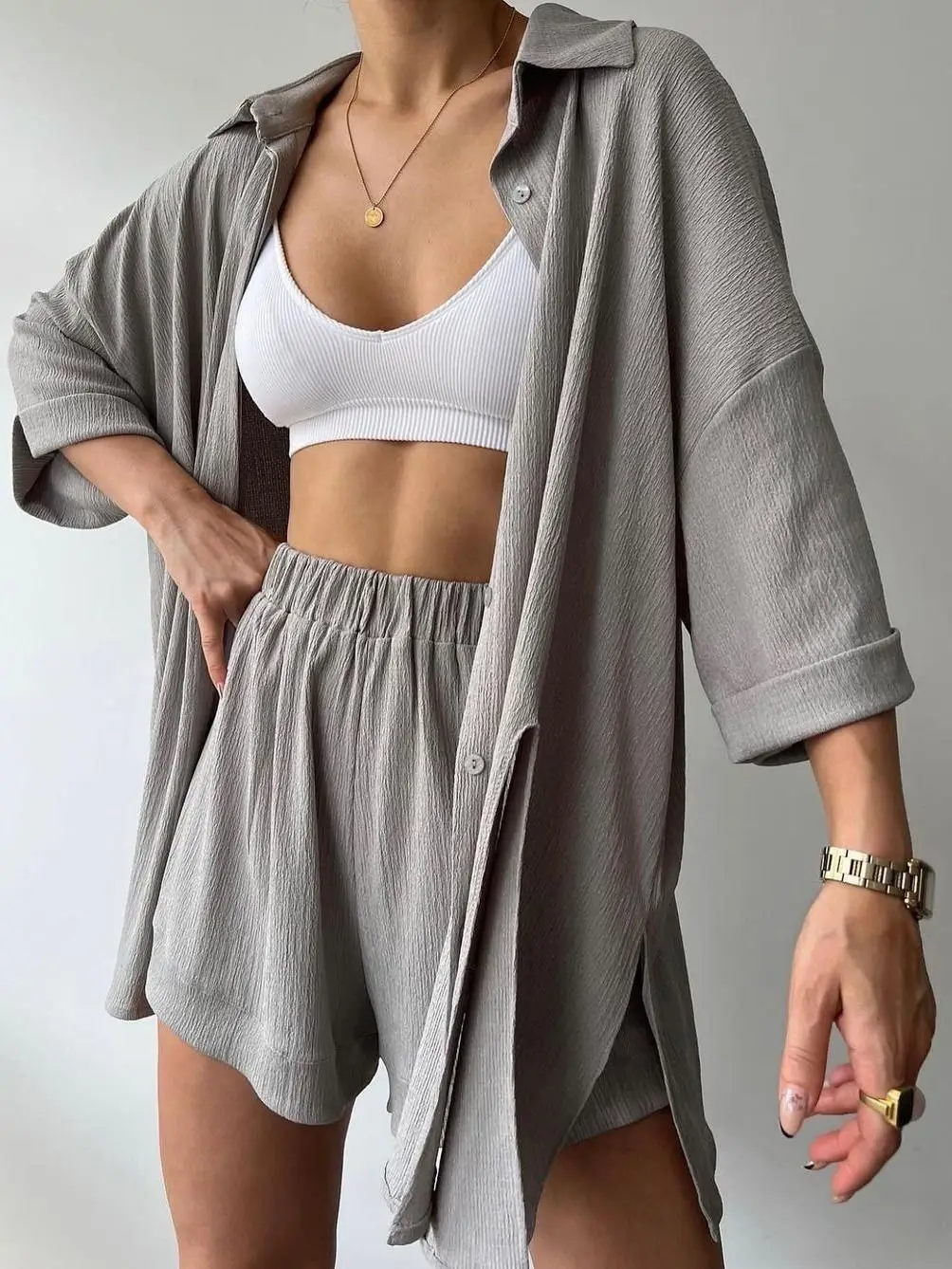 Spring and Autumn New Five-Quarter Sleeve Shorts Suit Personality Slit Shirt Women's Summer Two-Piece Set