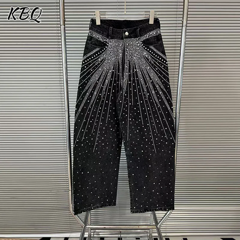 

KBQ Slimming Spliced Diamonds Solid Denim Pants For Women High Waist Spring Straight Temperament Trousers Female Fashion Style