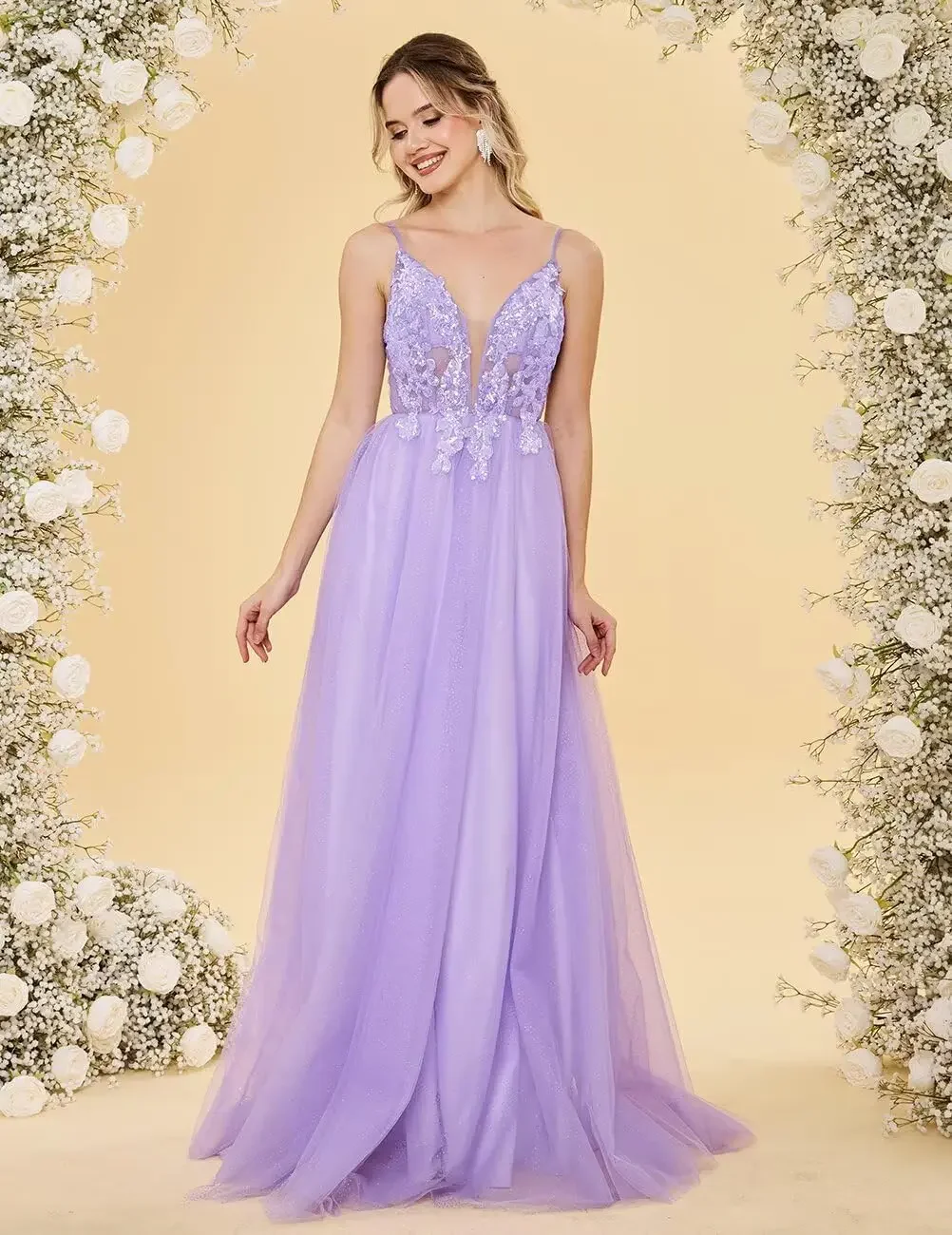 Abiti da ballo in tulle con scollo a V profondo per donna Cinghie per spaghetti Abiti da ballo lunghi con applicazioni in pizzo Abito da sera lungo a trapezio