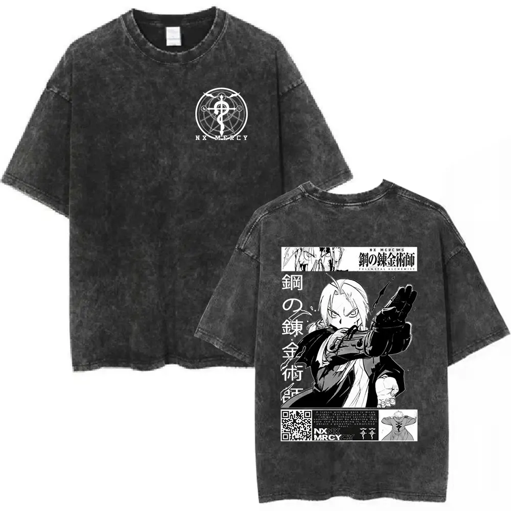 Anime Fullmetal Alchemist Washed T-shirt Edward Elric Graphic T-shirts Fashion Vintage Casual Short Sleeves T Shirts Streetwear