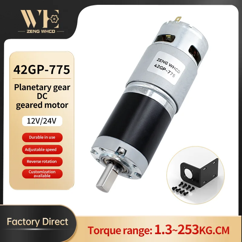 

42GP-775 Планетарный редукторный двигатель постоянного тока, 12 В/24 В, выходной вал 10 мм, цельнометаллические шестерни, крутящий момент до 253 кг, реверсивный матовый двигатель