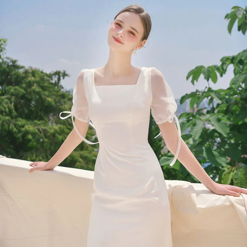 French light wedding dress satin simple designer short sleeve fishtail white evening gown bride