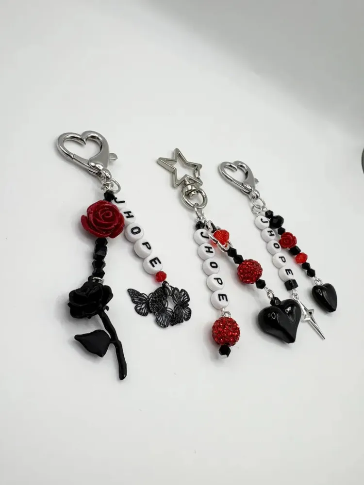 J-hope Hope on the stage Inspired handmade keychain-Red Rose & Black Butterfly Design, Gothic Style Beaded Charm Jewelry