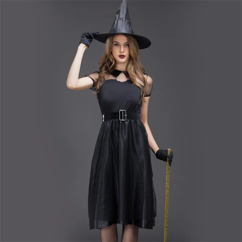 Ladies Black Witch Dress Sexy Women Halloween Magic Costume Carnival Masquerade Game Gothic Mesh Dress With Witch Hat