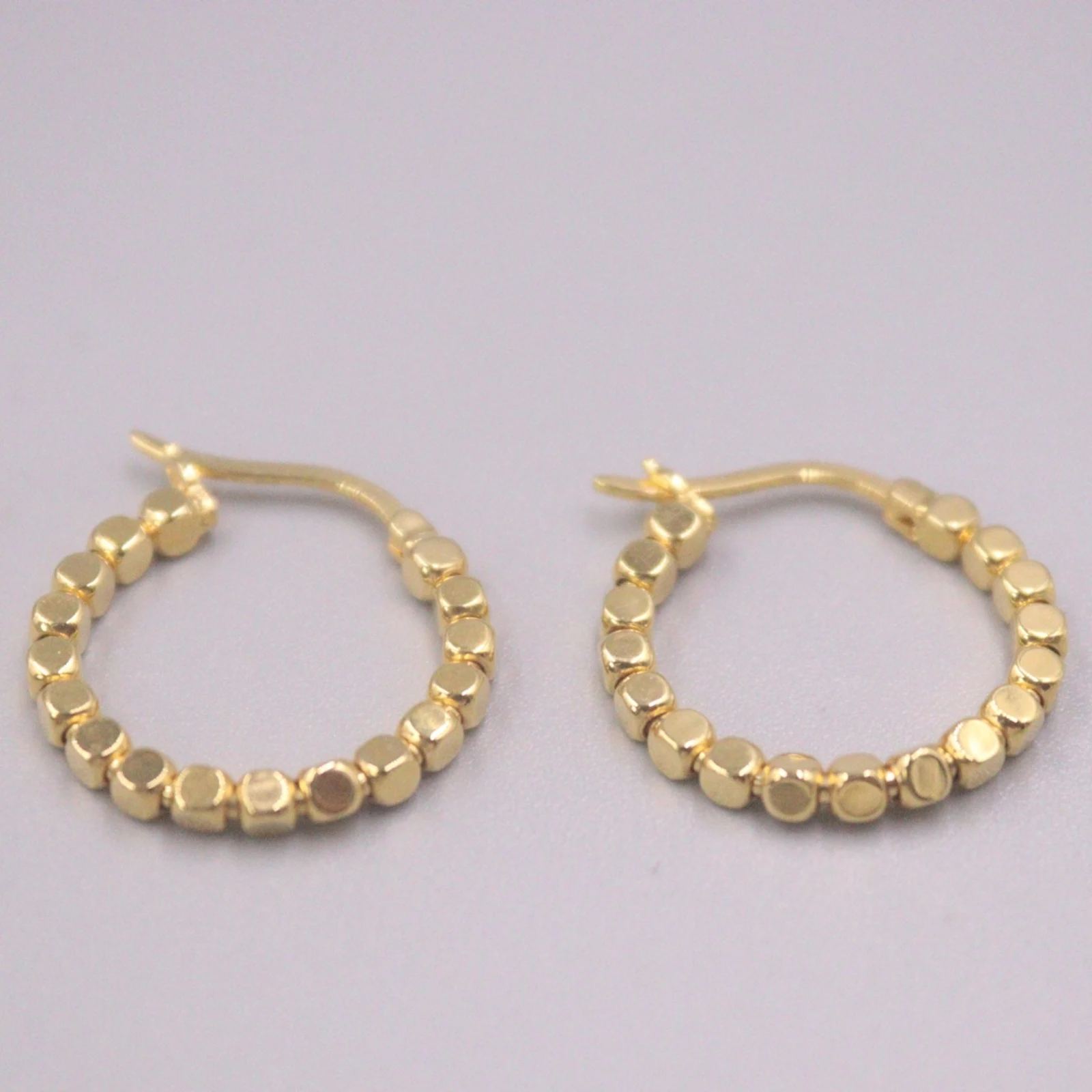 Real Pure 18K Yellow Gold Hoop Women Lucky Glossy Square Bead Circle Earrings 2.9-3g