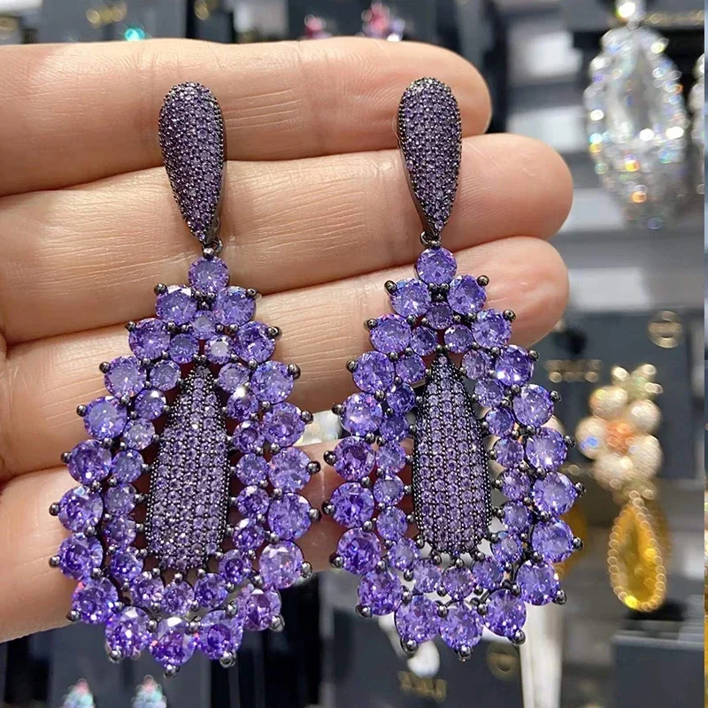 Designer Women\'s Earrings Luxury Jewelry Cubic Zirconia Water Drop Hoop Dangle Earrings for Women Party Jewelry Purple Gift