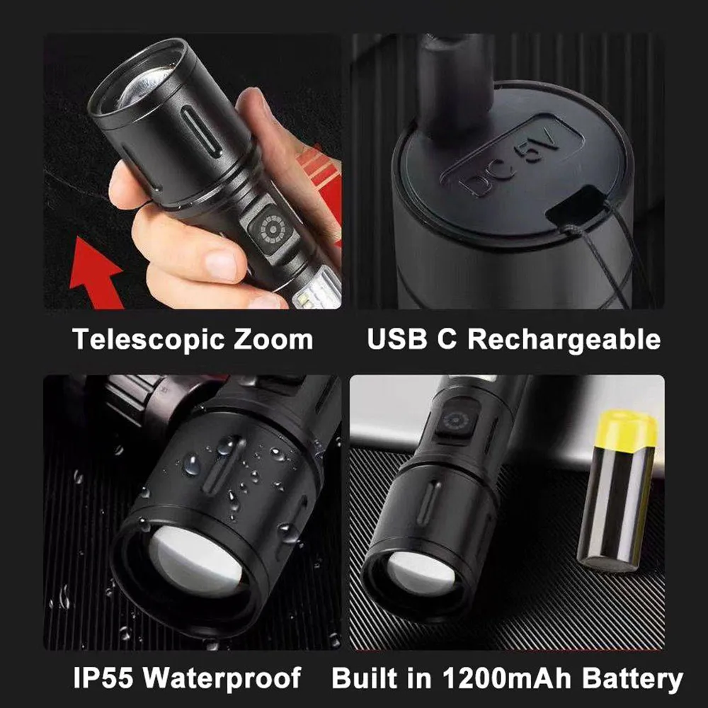 High Power Spotlight long LED Flashlight Side COB Aluminum Alloy Type-C 6 Modes Zoomable Ultra Bright Torch Emergency Lighting