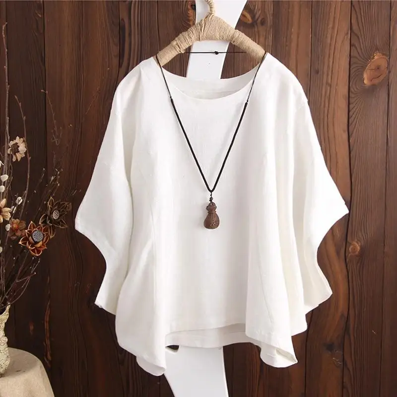 

GELITAYIN Cotton Linen Round Neck Short Sleeve Casual Shirt Women Summer New Loose Solid Women's Blouses Fashion Simple Office L