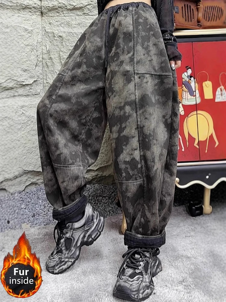 Amax luluE Winter Fashion Fur Jeans Women Loose Vintage Camouflage Denim Pants Ladies Casual Classic Thicken Warm Harem Trousers