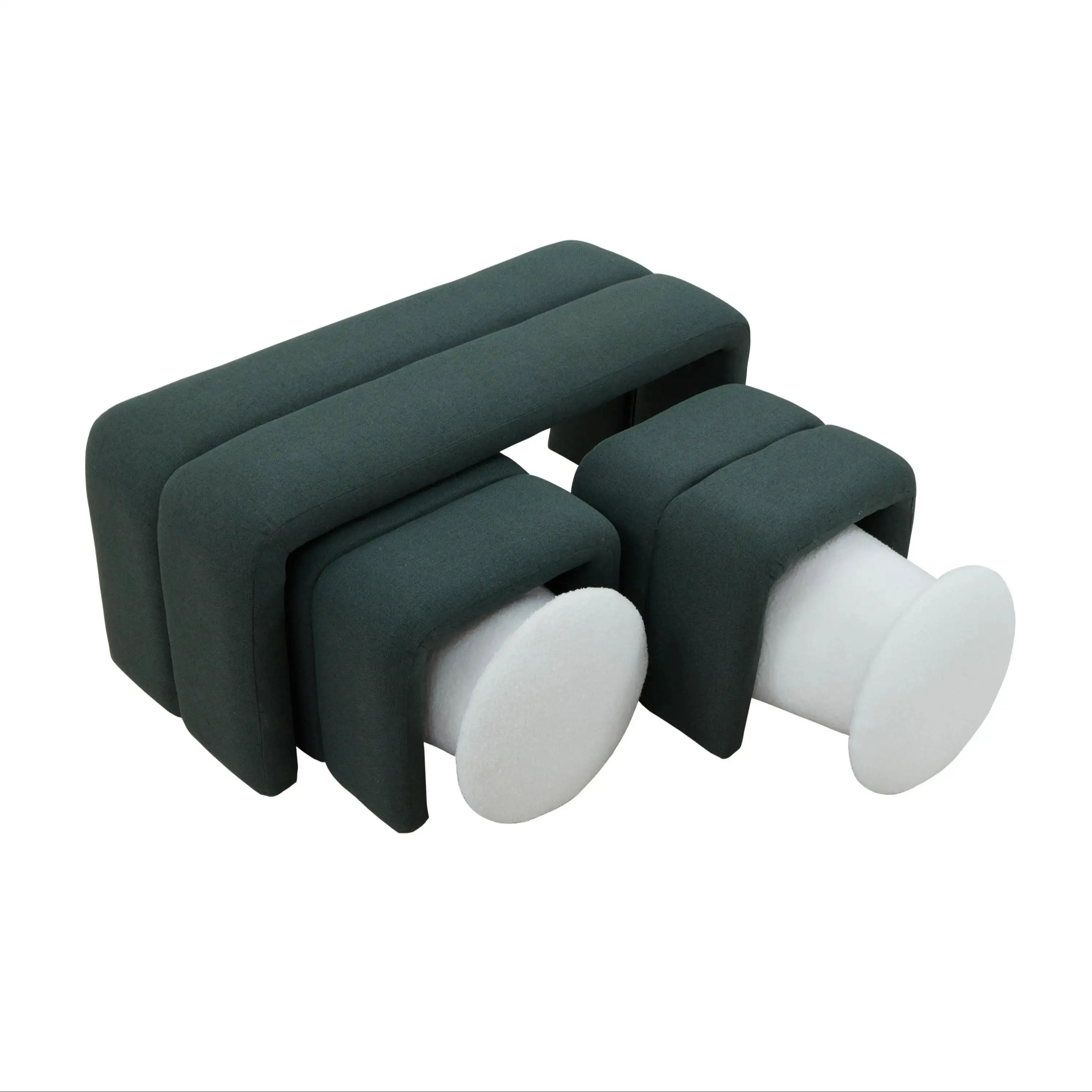 Ottoman Bench Set,Modern Upholstered Bench Including Four Benches,Deep Green U-Shape Ottoman & White Mushroom-like Ottoman image 4