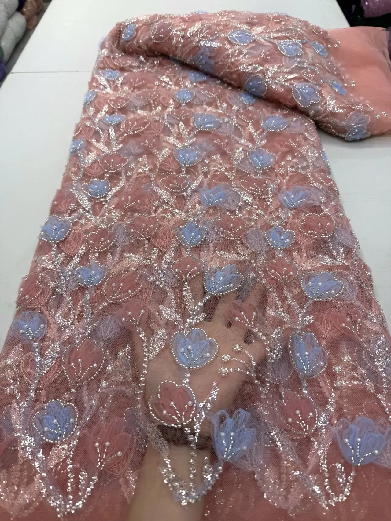 

2025 African Nigerian High-Quality Sequins Tulle Lace Fabric for Prom Dresses Beads Net Cloth Embroidery Sewing 5 Yard JY477