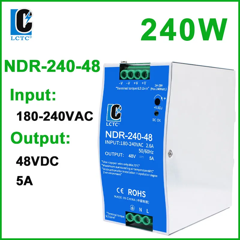 LCTC-Schaltnetzteil NDR-75W 120W 240W 480W Industrielles DIN-Schiene 12V 24V 48V AC/DC-Leistungstransformator mit Einzelausgang