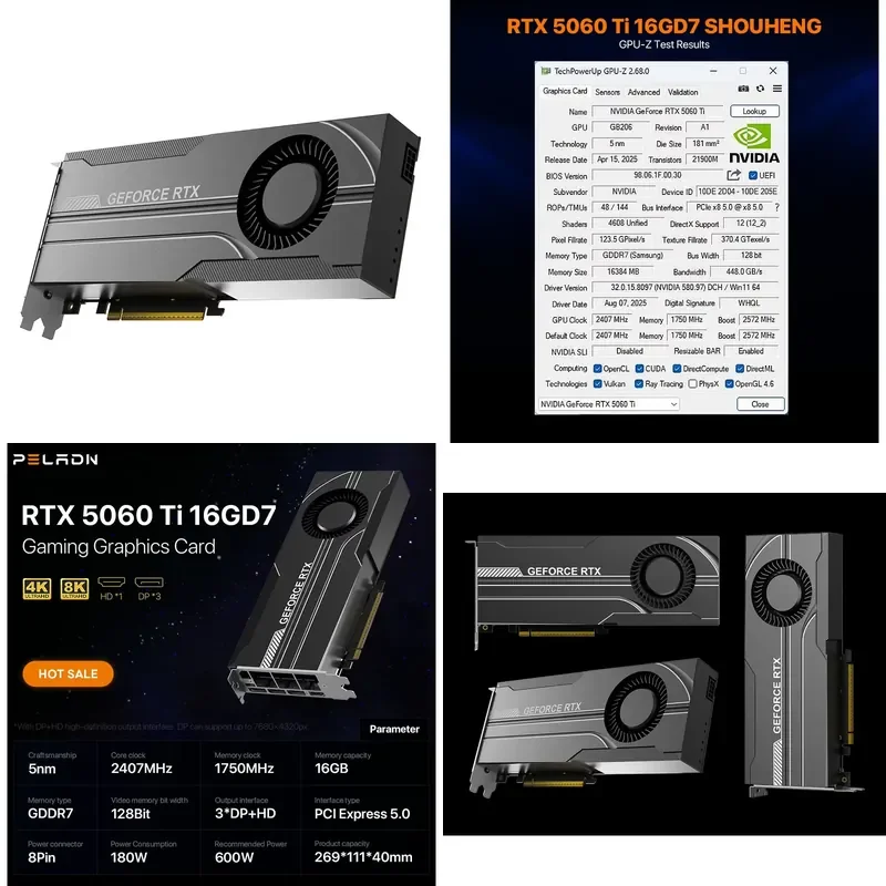 Hot Sale New RTX 5060 Ti 16GB GDDR7 Fan Cooling Gaming Desktop GPU with 128-Bit Interface Video Card Video Adapter