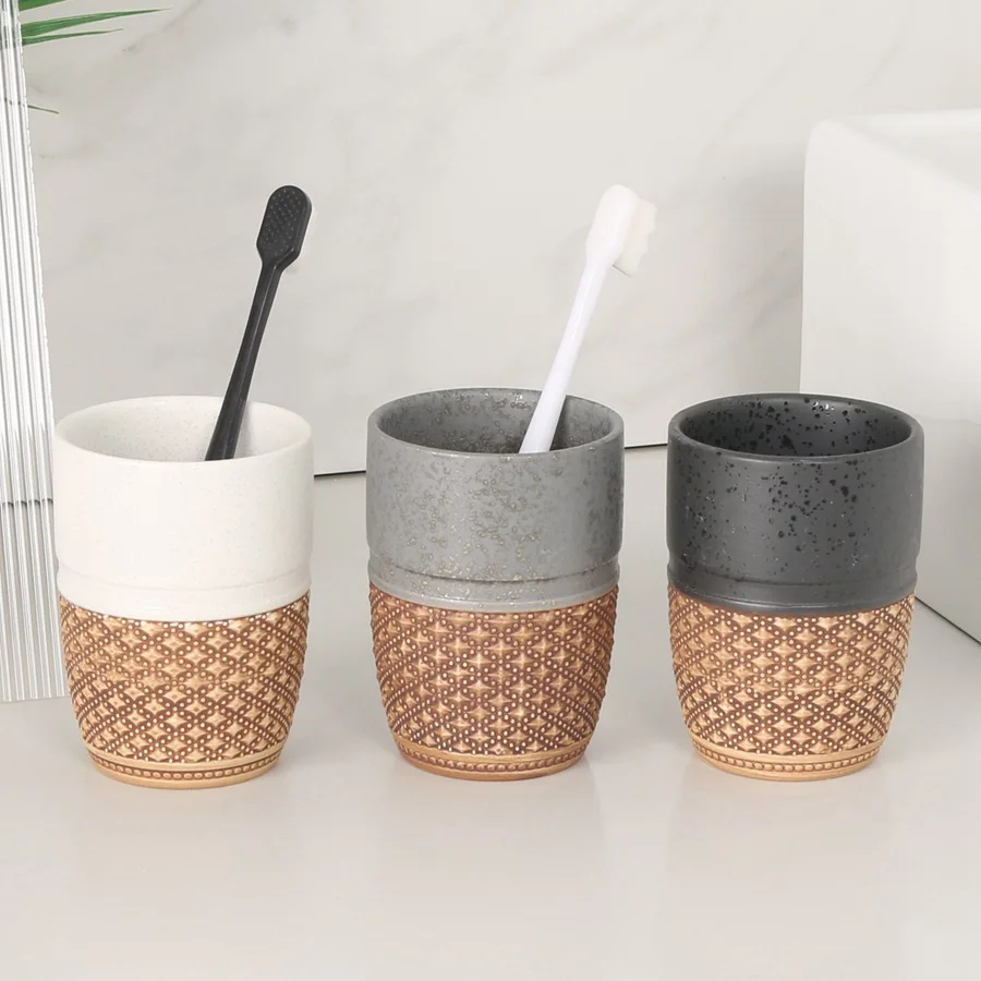 Ceramic Toothbrush Cup with Embossed Design Home Hotel Bathroom Essentials High Aesthetics