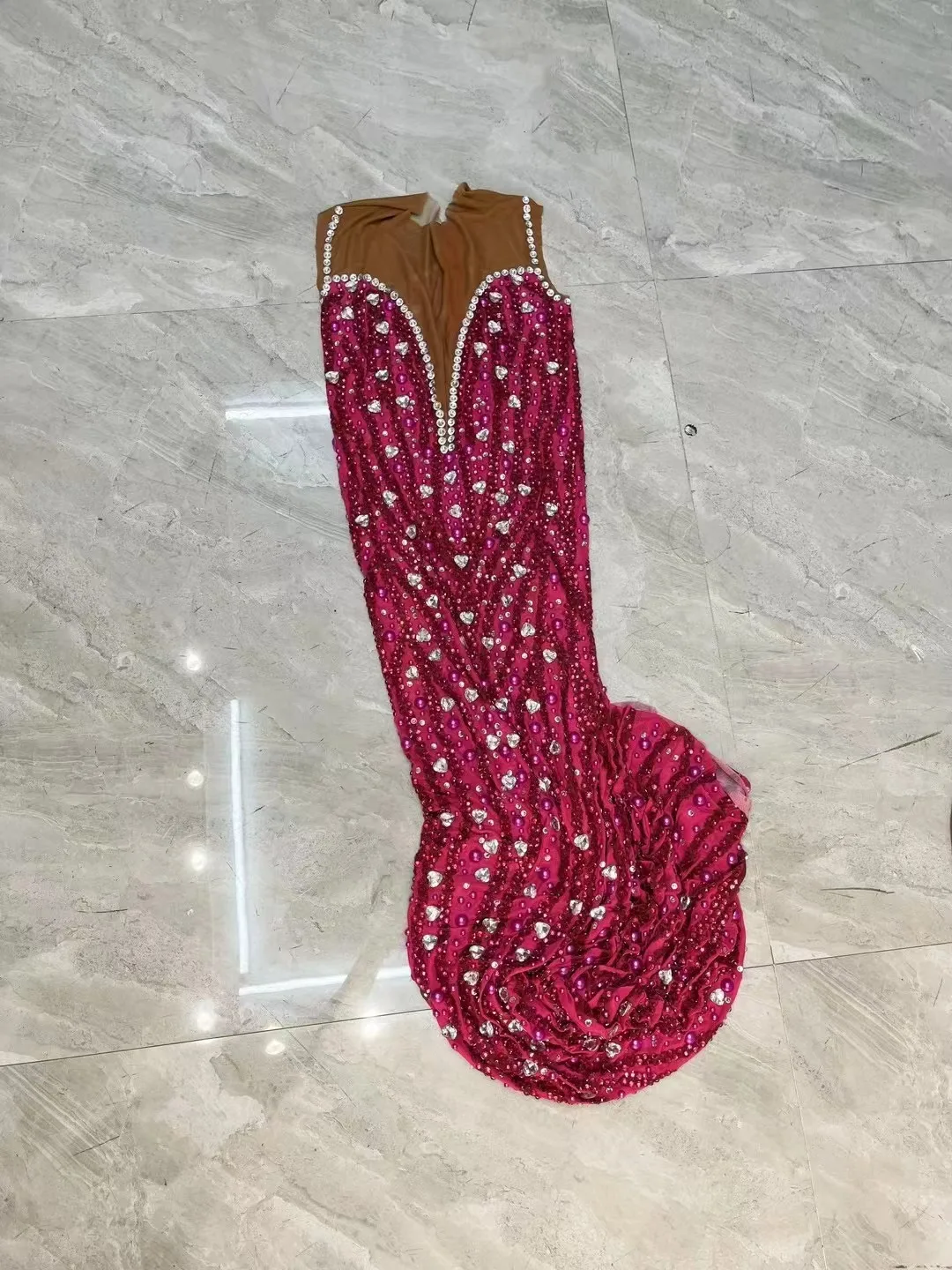 Sexy Stage Rose Rhinetones Pearls Sleeveless Dress Birthday Evening Celebrate Costume Dance Birthday Party Show Evening Dress