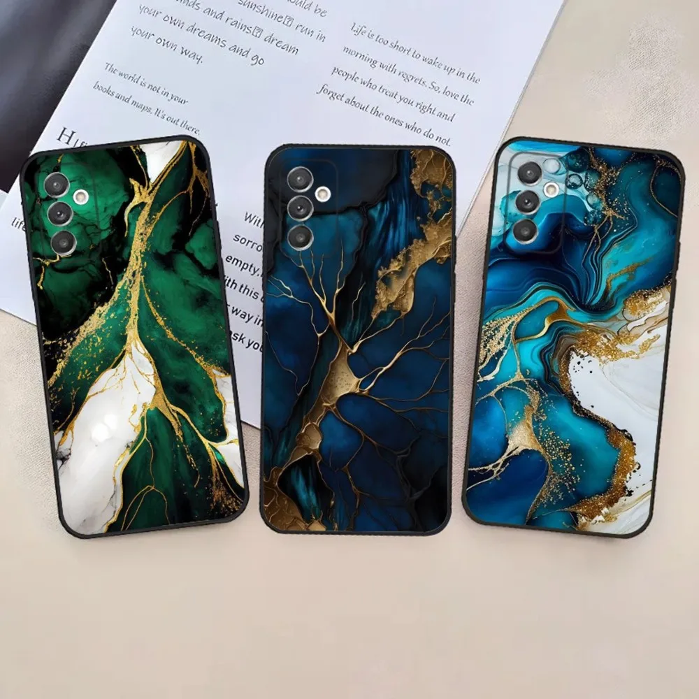 Gold Indigo Faux Malachite Phone Case For Samsung S24,23,22,30,21,10,9,Ultra,Plus,Lite,FE,5G Black Soft Case