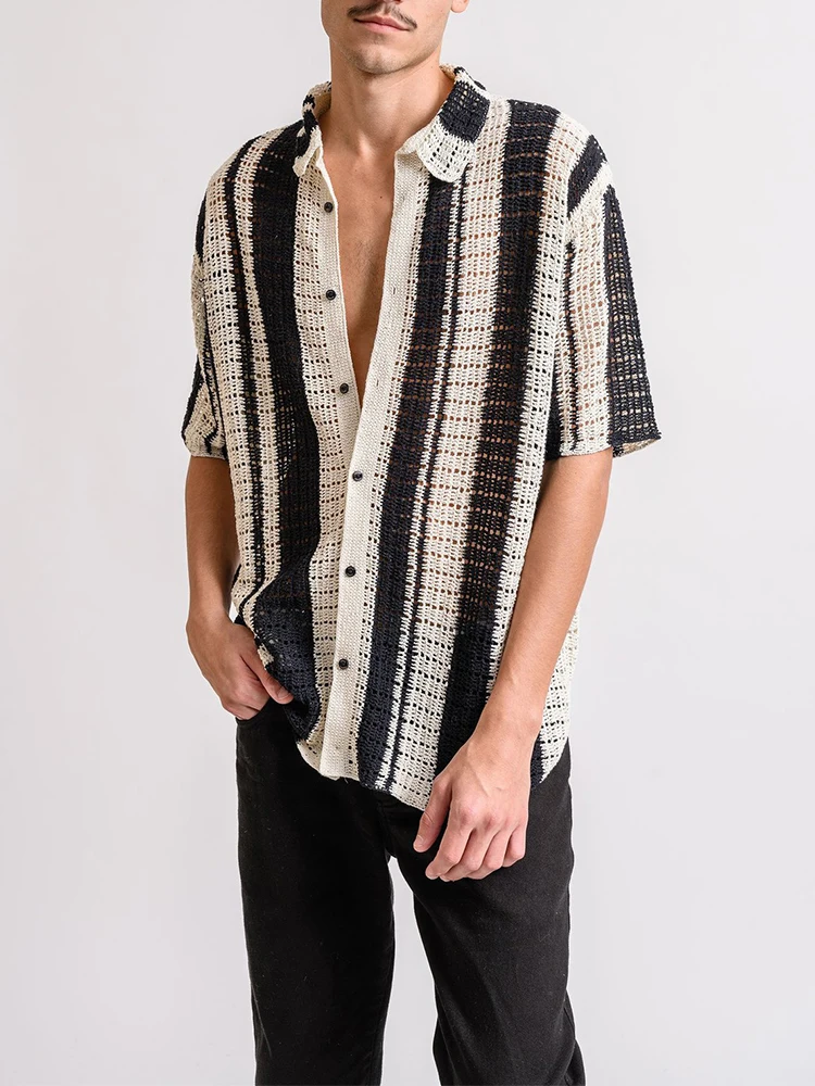 

Daily Leisure Breathable Hollow Out Shirt Mens Knitted Short Sleeve Buttoned Lapel Cardigan Knit Tops Men Summer Fashion Shirts