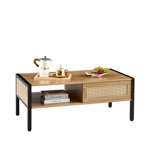 Custom Rattan Coffee Table, Sliding Door Storage, Metal Legs, Modern Living Room Coffee Table