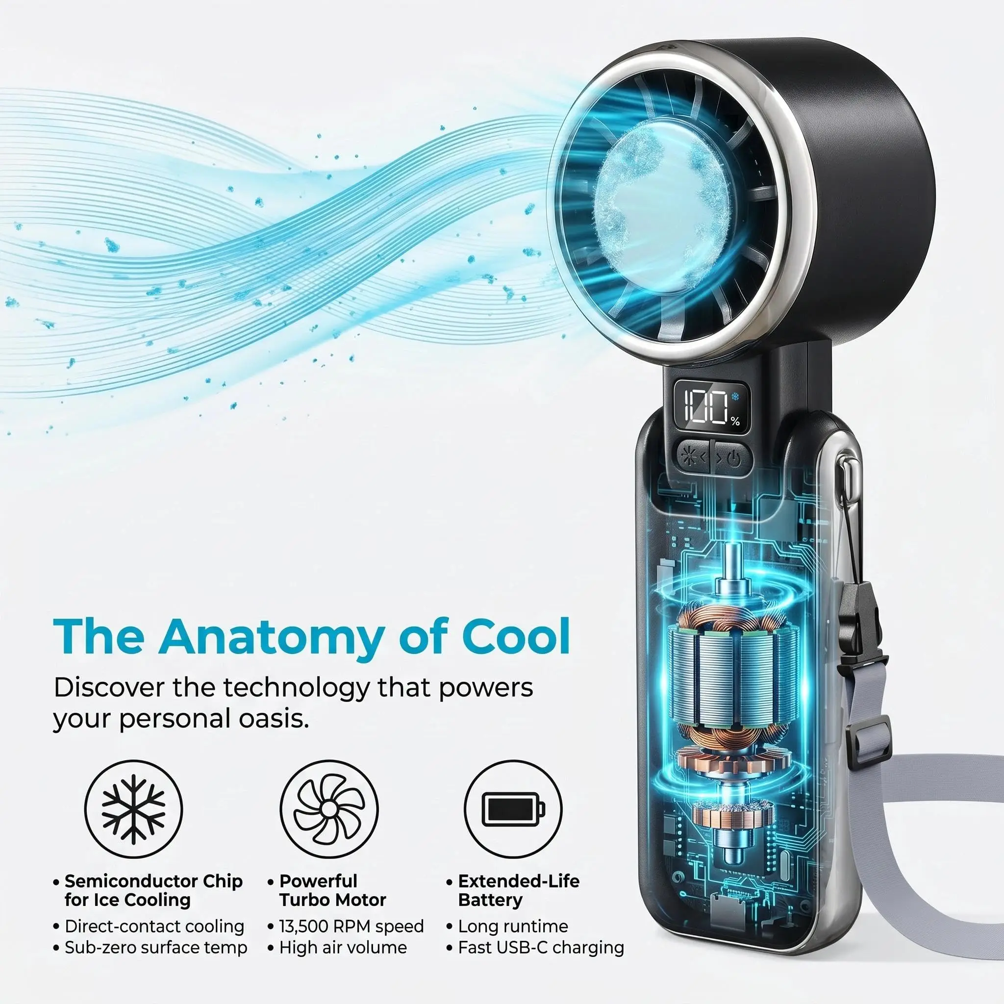 Portable Handheld Ice Cooling Fan Rechargeable Instant Chill Fan LED Battery Display Mini Cooling Fan for Outdoor Travel