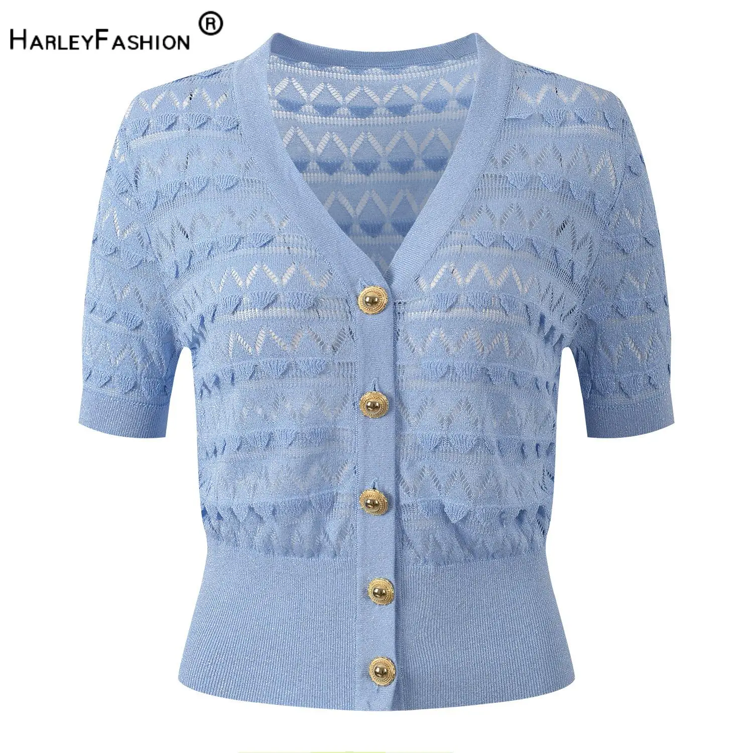 

2026 Summer Elegant Style Lady V-neck Short Sleeve Fashion Hollow Out Wear Women Single-breasted Solid Knits Cardigan