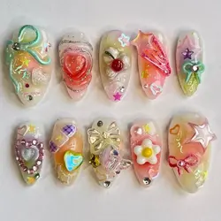 10Pcs Handmade Manicure Medium Almond Fake Nails Cute Ballet Limited Nails Press On Nails Design with Adhesive Nail File Set