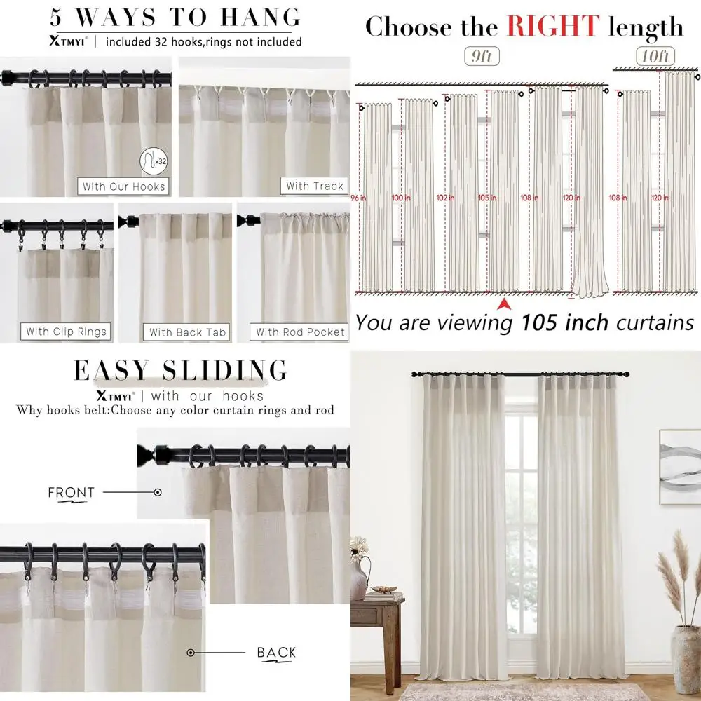 

Oatmeal Linen Sheer Curtains, 50 Wide x 105 Long, Shabby Chic Style for Living Room and Bedroom