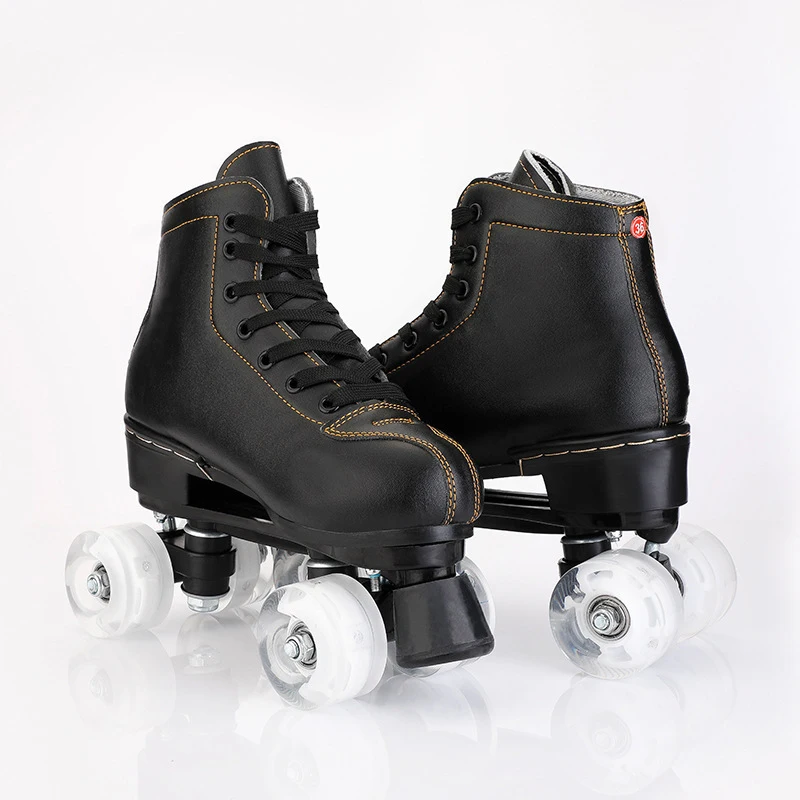 Unisex Black PU Leather Roller Skates Skate Sliding Inline Skates Sneakers Training Euro Size 4 Wheel Flash Wheels