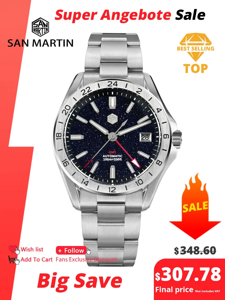 San Martin 39mm Aventurine Gemstone Dial Luxury Men\'s Watch NH34 GMT Automatic Mechanical Sapphire Waterproof Luminous SN0129