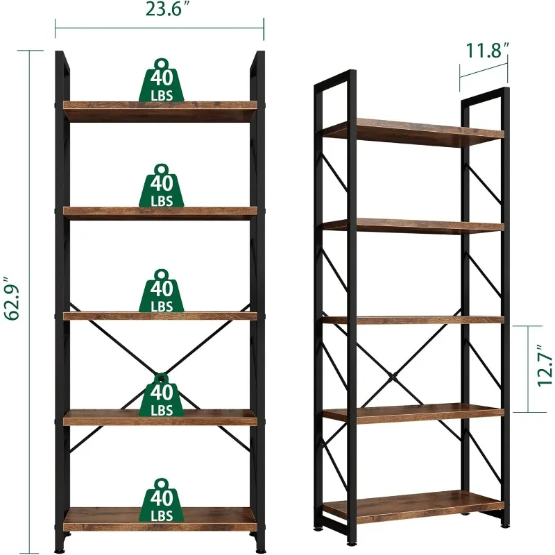 Bookshelf, 5 Tier Bookshelf, Tall Bookcase Shelf for CDs/Movies/Books, Home Office Bookcase Shelf Storage Organizer