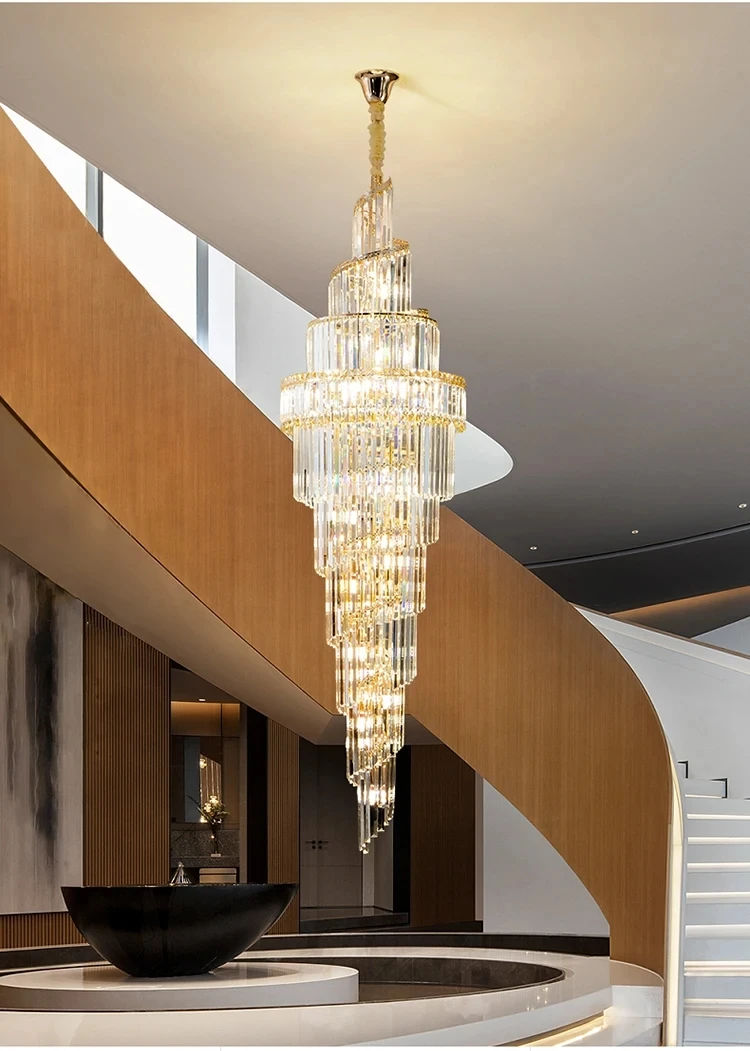 Luxury Villa Duplex Gold Chandelier with Crystals Spiral Staircase Modern Living Room Hotel Lobby Long Crystal Lighting Fixture