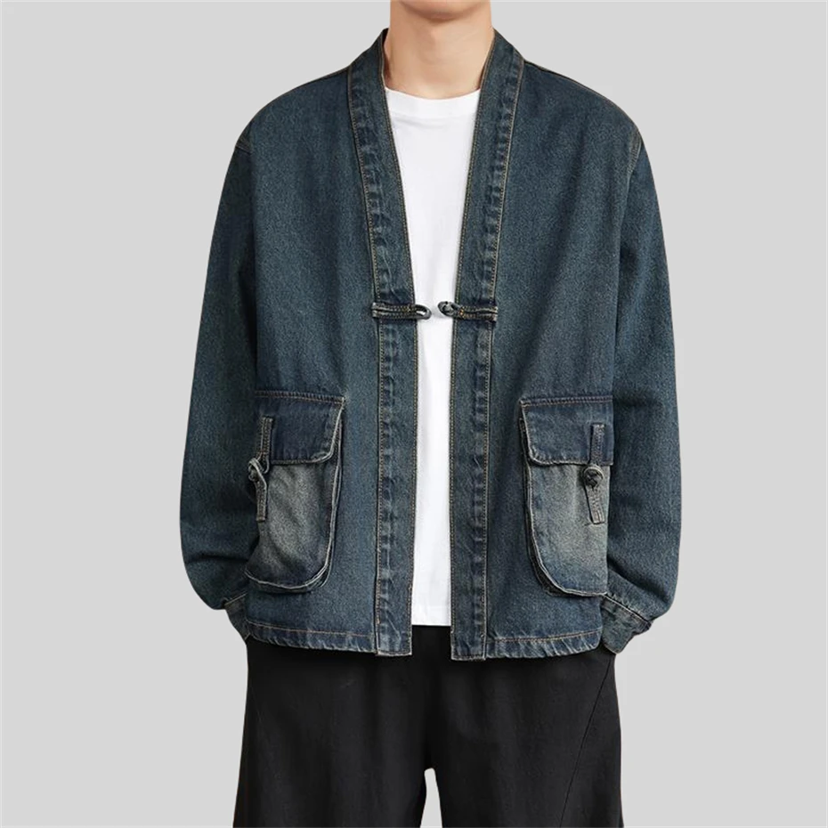 Large Size Denim Jackets Men Vintage Washed Jacket Mens Disc Buckle Loose Casual Jacket Coat for Man Spring Autumn Tang Suit 5XL