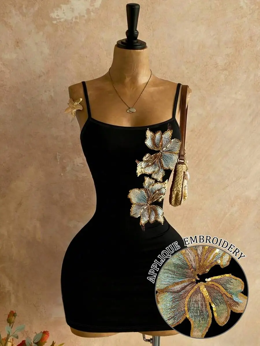 Vintage Elegant Dress, Heavy Patchwork Embroidery Sequin Black Floral, Summer, 70s, Nightclub, Party Fashionable Strap Dress,