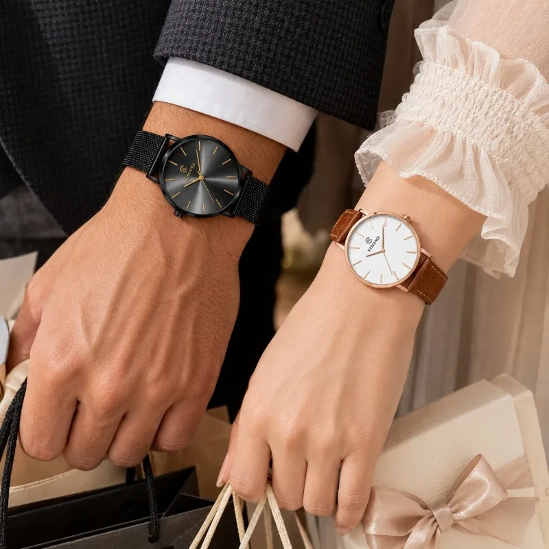 2Pcs Matching Couple Quartz Watch Set Ultra Thin Round Dial Leather & Mesh Strap Minimalist Wristwatch Holiday Gift Reloj Pareja