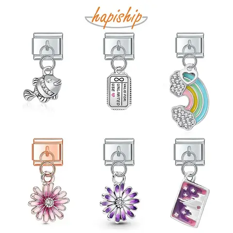 Hapiship Fashion Sweet Flower Fish Rainbow Dog Boy Girls Charm Links Fit 9mm Stainless Steel Bracelet Making DIY Jewelry DJ429