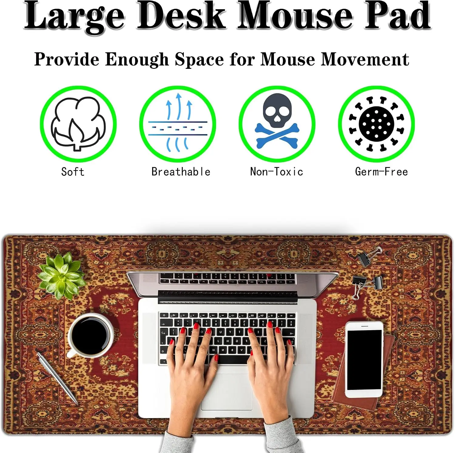 Oriental Carpet Large Desk Mouse Pad,Red Vintage Persian Bohemian Ethnic Medallion Art Print,Non‑Slip Mat For Gaming Office Desk
