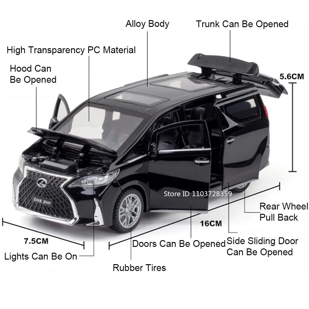 1:32 Vellfire LM300H MPV Model Speelgoedauto's Legering Diecast Deuren Geopend Trek Geluid Licht Prachtige Interieur Decoratie Auto Speelgoed